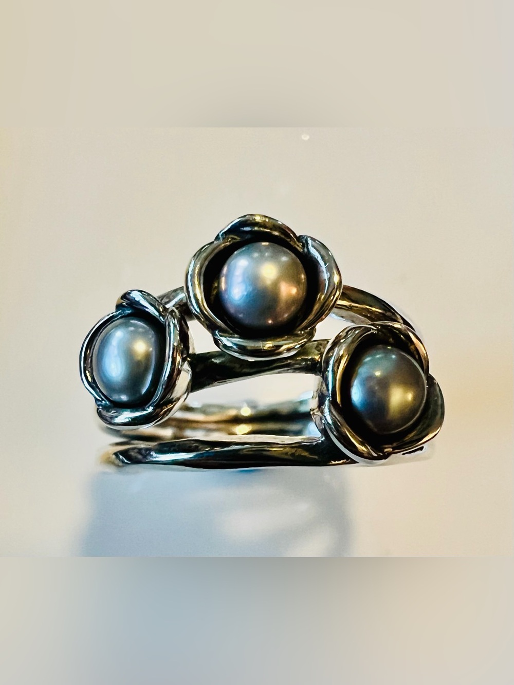 Sterling Silver Pearl Flower Trio Ring - Silver Gray Freshwater Pearls